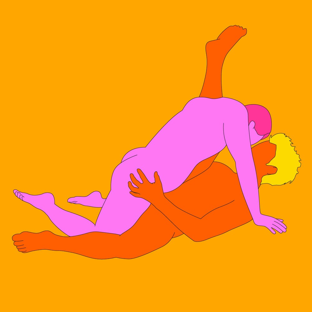 A naked illustrated couple. One is led on their back with one leg raised, while the other is lying between their lover's legs.